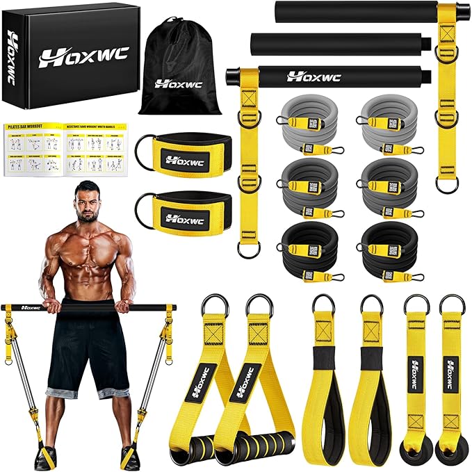 Pilates Equipment, Portable Pilates Bar Kit with Resistance Bands, Professional Adjustable Heavy Duty Squat Workout Equipment for Men, Home Gym Muscle Strength Training, Full Body Exercise - Bloomnest
