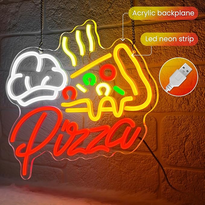 Pizza Neon Sign,Colorful Pizza Neon Signs for Wall Decor,Pizza Shaped Led Signs for Business Fast Food,Dimmable Pizza Neon Lights forKitchen,Light up Pizza Sign for Restaurant Pizza Shop - Bloomnest
