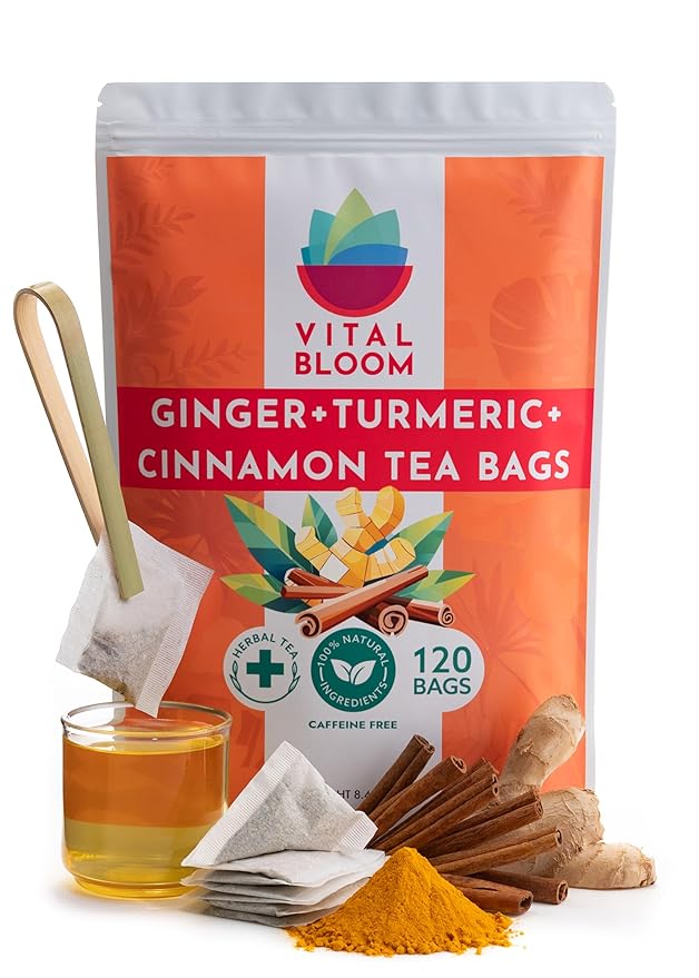 Vital Bloom 120 Tea Bags Ginger Turmeric Cinnamon Tea Bags, Supports Immune Health, Aids Digestion, 100% Natural Ingredients Blended Herbal Tea, Hot or Iced, Eco-Friendly Package, 120 Count - Bloomnest