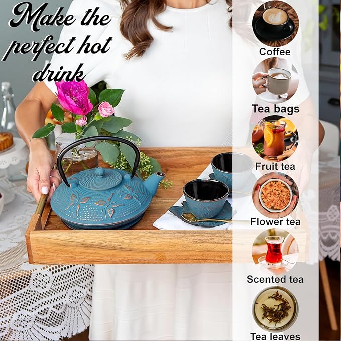 7PC Japanese Tea Set. "Blue Butterfly" Cast Iron Tea Pot with 2 Tea Cups, 2 Saucers, Tea Infuser and Teapot Trivet. Ceremonial Matcha Accessories