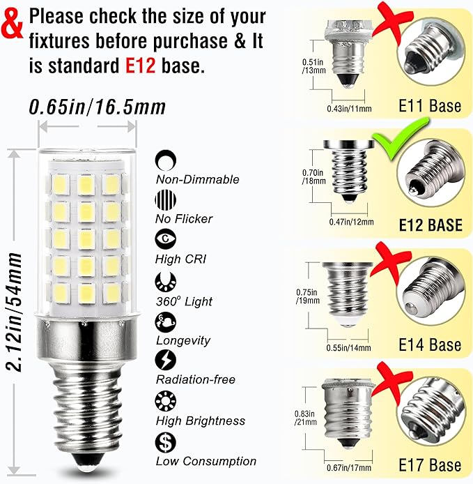 ALIDE E12 C7 LED Candelabra Bulbs 6000K Daylight White, 60W Halogen Equivalent, T6 Small Base 120V Light Bulbs 6W Cool White for Ceiling Fan Chandelier, 550lm 10-Pack - Bloomnest