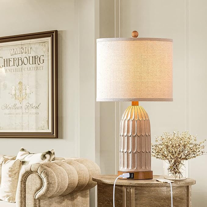 Boho Table Lamps Set of 2, Farmhouse 3-Way Dimmable Touch Nightstand Lamp with 2 USB Charging Ports, White Vintage Bedside Lamp for Bedroom Living Room End Table (Bulbs Included) - Bloomnest