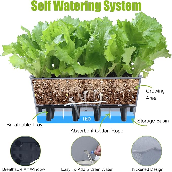 Window Box Planter 6 Pcs, 16.5 Inches Self Watering Rectangle Flower Plant Pots with Drainage Holes Trays, Vegetable Planters for Windowsill Patio Garden Balcony Porch Yard (Grey) - Bloomnest