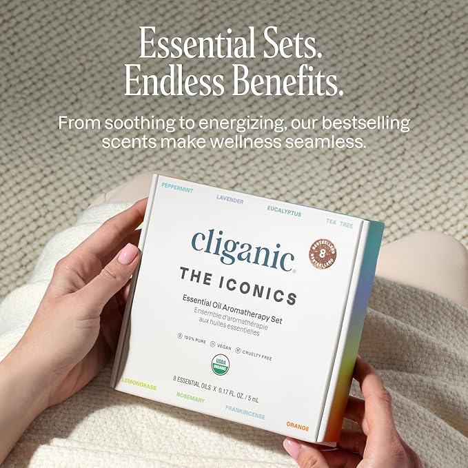 Cliganic Organic Aromatherapy Essential Oils Gift Set (Top 8 - The Iconics), 100% Pure - Peppermint, Lavender, Eucalyptus, Tea Tree, Lemongrass, Rosemary, Frankincense & Orange - Bloomnest