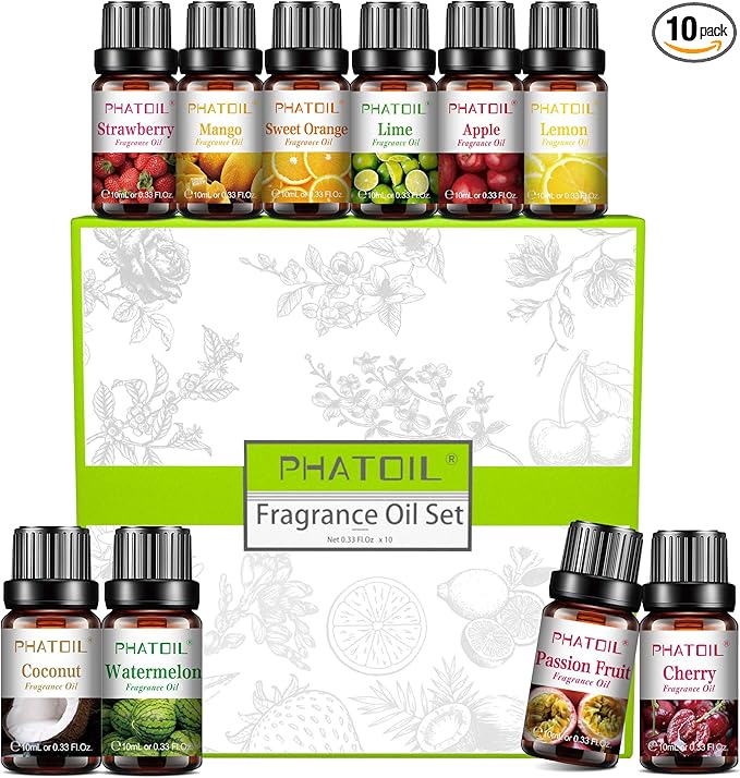PHATOIL 10Pcs Fruity Fragrance Oil Set, Coconut, Cherry, Apple, Strawberry, Mango Candle Scents for Candle Making, Freshie Scents for DIY Soap Making, Diffuser Oil Scents Set - Bloomnest