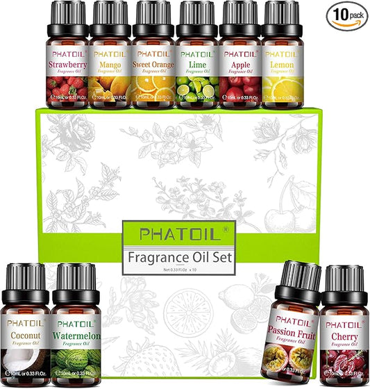 PHATOIL 10Pcs Fruity Fragrance Oil Set, Coconut, Cherry, Apple, Strawberry, Mango Candle Scents for Candle Making, Freshie Scents for DIY Soap Making, Diffuser Oil Scents Set - Bloomnest