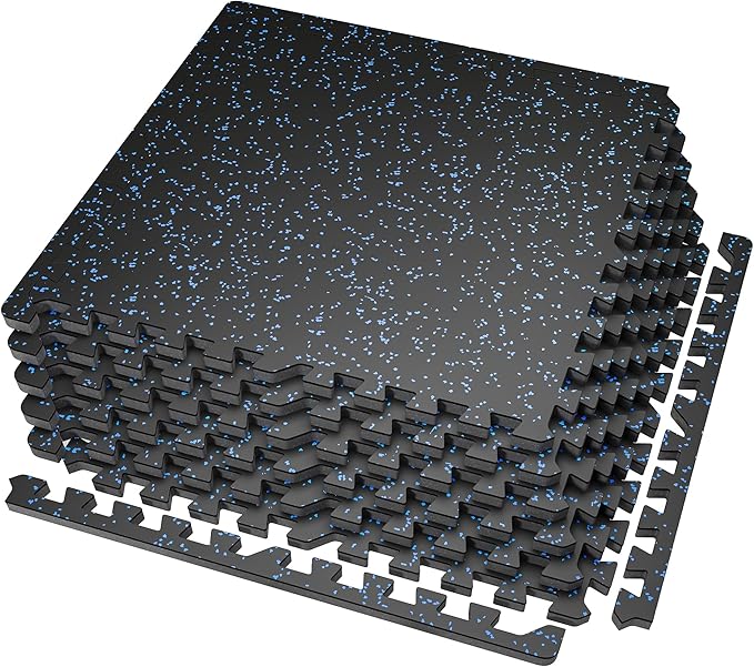 SUPERJARE 0.56'' Thick 6 Pcs 24 Sq Ft Rubber Top Exercise Equipment Mats, High Density EVA Foam Mats with Rubber Top, Interlocking Gym Flooring for Home Gym, Protective Workout Mat, Black/Blue - Bloomnest