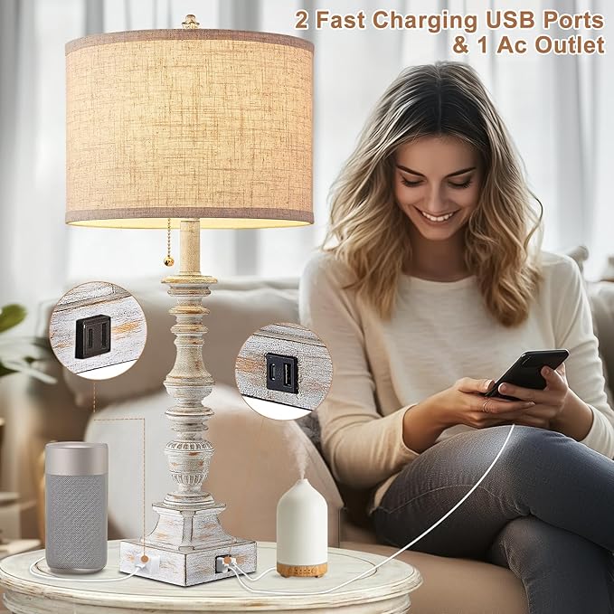 Set of 2 Farmhouse Table Lamps for Living Room, 29.5" Inch Tall Rustic Bedrooms Nightstand Table Lamp with USB-C & USB-A Charging + AC Outlet, Pull Chain Bedside Lamp for End Table, Antique White - Bloomnest