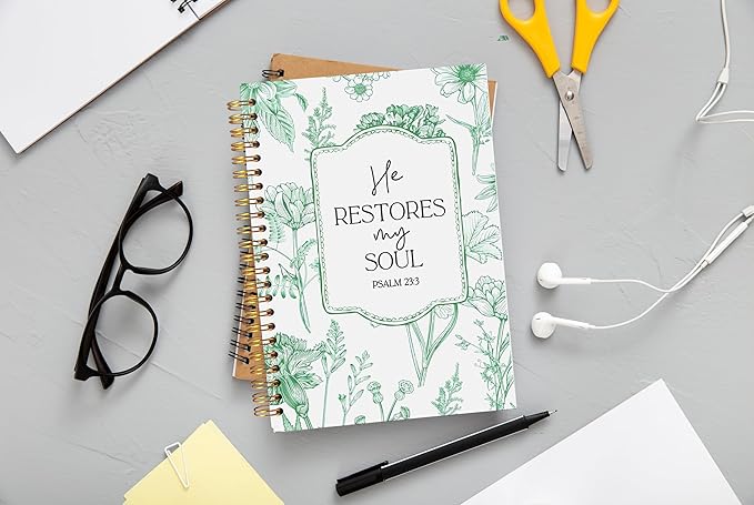 Christian Notebook for Women, Christian Art Gifts Journal, Prayer Journal for Women, Bible Journaling Notebook, PSALM 23:3 He Restores My Soul Floral Spiral Notebook 5.5x8.3 - Bloomnest