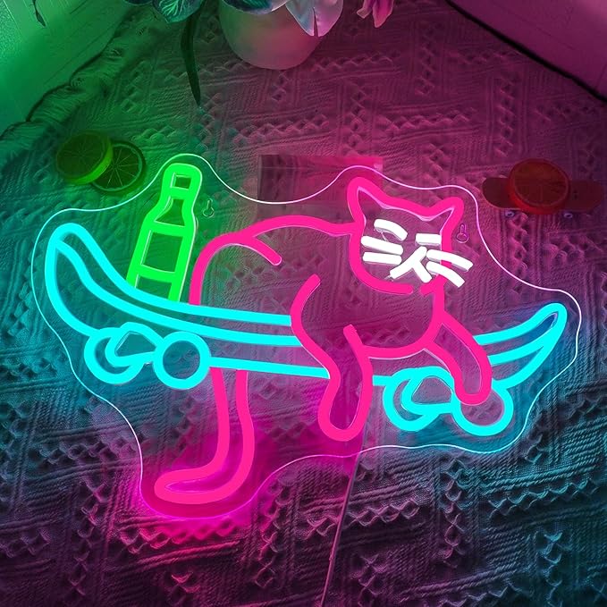 Lucunstar Skateboard Cat Neon Sign Pink Neon Signs for Wall Decor USB Connectivity Adjustable Brightness Animal Light Sign for Wall Decor Sign for Cat Lover Pet Shop - Bloomnest