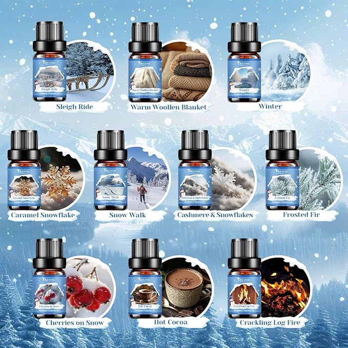 Winter Essential Oils Set, Premium Holiday Fragrance Oil for Diffusers, Scents for Candle & Soap Making,Hot Cocoa, Frosted Fir, Cashmere & Snowflakes and Sleigh Ride More 10x5ml,Aromatherapy Oils - Bloomnest