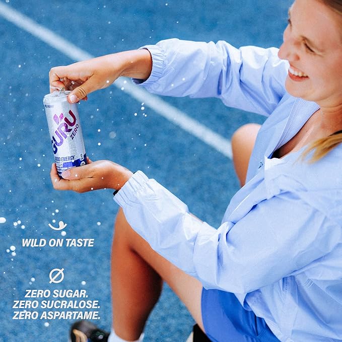GURU ZERO SUGAR Wild Berry Organic Energy Drink with Plant Based Natural Caffeine from Green Tea, Coconut Water, Prebiotic, Zero Added Sugars, Gluten Free & Vegan, Pre Workout, 140MG Caffeine, 12 Oz (Pack of 24) - Bloomnest