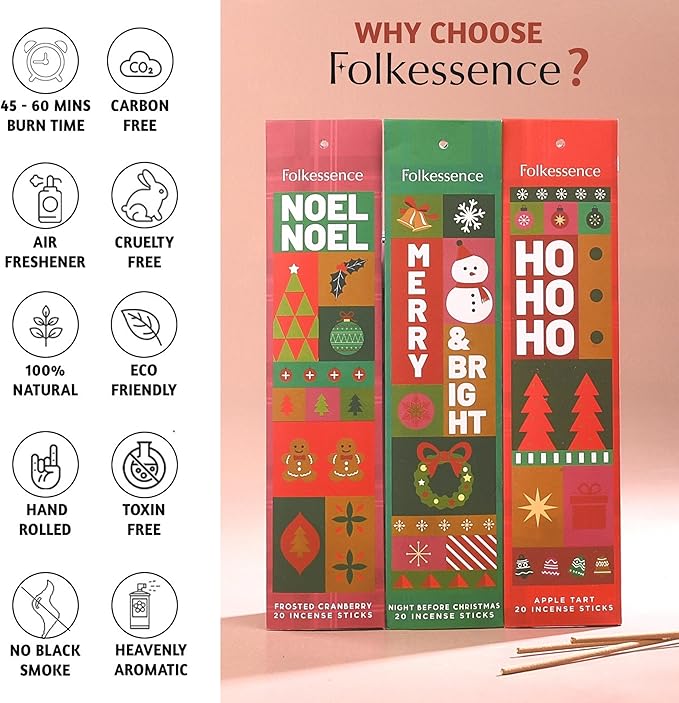 Folkulture Incense Sticks (120 Sticks) | Set of 6 Premium Incense for Meditation, Aromatherapy, Gifts | No Charcoal,Organic, Non Toxic, 45 Mins, Long Burning Peppermint, Apple Tart Insence-Sticks FOLKULTURE