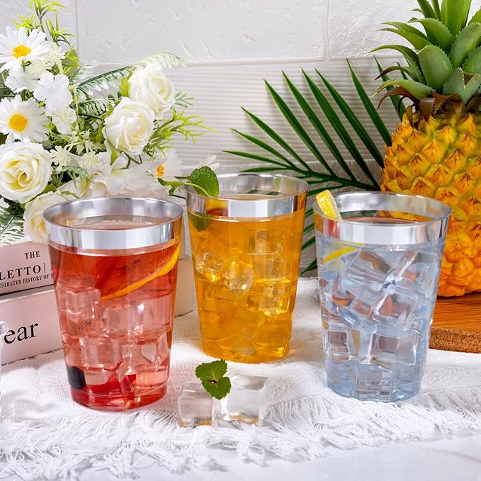 I00000 200 Pack 12 oz Silver Plastic Cups, Silver Rimmed Disposable Cups, Plastic Party Wine Glasses Cocktail Glasses Heavy Duty Cups with Silver Rim, 12 Ounce Tumblers For Party - Bloomnest