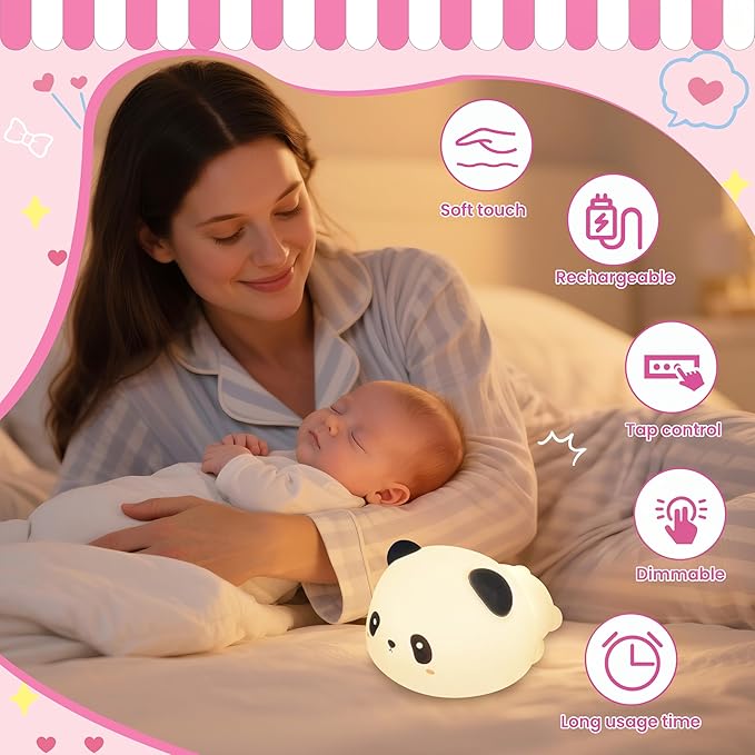 Night Light for Kids, Rechargeable Dimmable Silicone LED Nightlight with 7 Colors, Baby Nursery Night Lamp, Touch Squishy Lamp, Cute Gifts for Girls, Boys, Toddler Room Decor, Lying Panda - Bloomnest