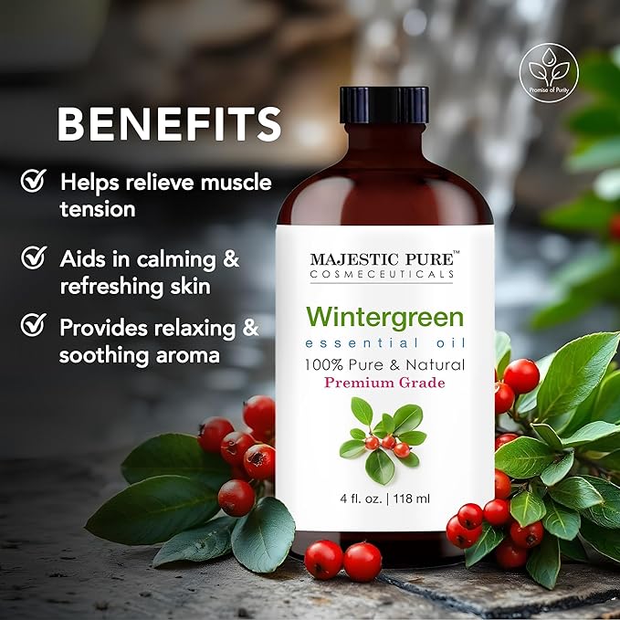 Majestic Pure Wintergreen Essential Oil with Glass Dropper - 4 Fl Oz - 100% Pure and Natural Wintergreen Oil - Premium Grade Essential Oils for Diffuser, Aromatherapy, Soap and Candle Making - Bloomnest