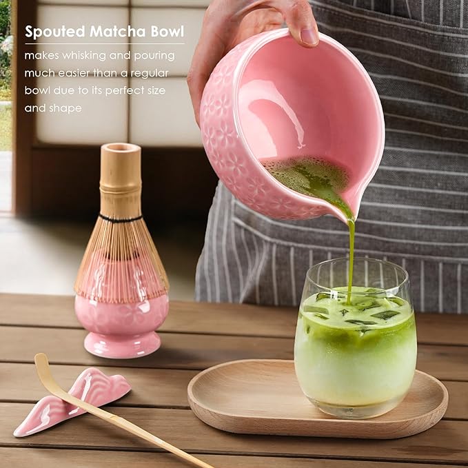 7Pcs Matcha Whisk Set, Ceramic Matcha Bowl with Spout, Bamboo Whisk and Holder,Bamboo Scoop,Scoop Rest,Sifter,Tea Towel, Matcha Kit with Cherry Blossom Carved Patterns for Matcha Lovers (Sakura Pink) - Bloomnest