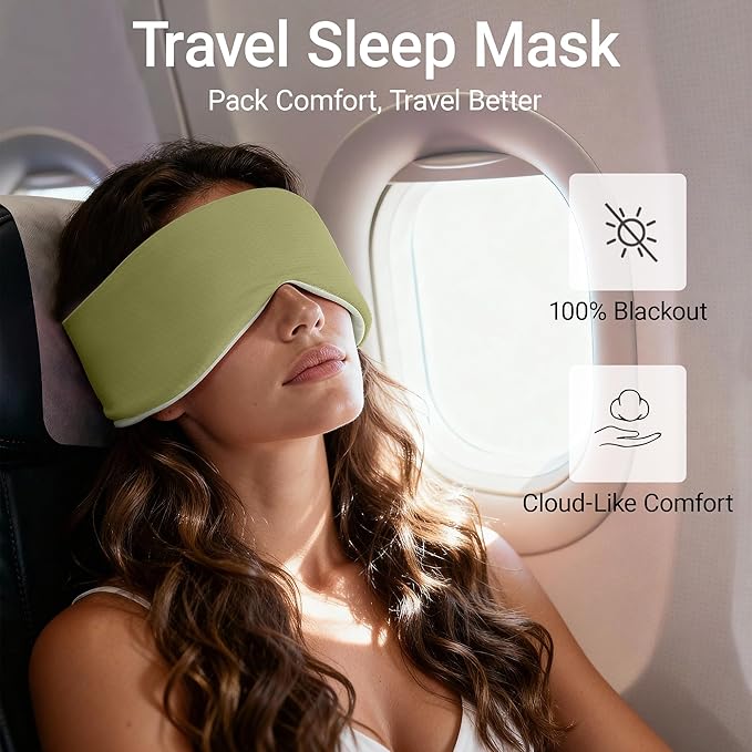 Reversible Full-Cover Green/White Cotton Eye Mask for Sleep, Adjustable Breathable Wrap, Lightweight Total-Dark Blindfold for Sleep Travel, Holiday Gift Kit for Women Girl Men Adults - Bloomnest