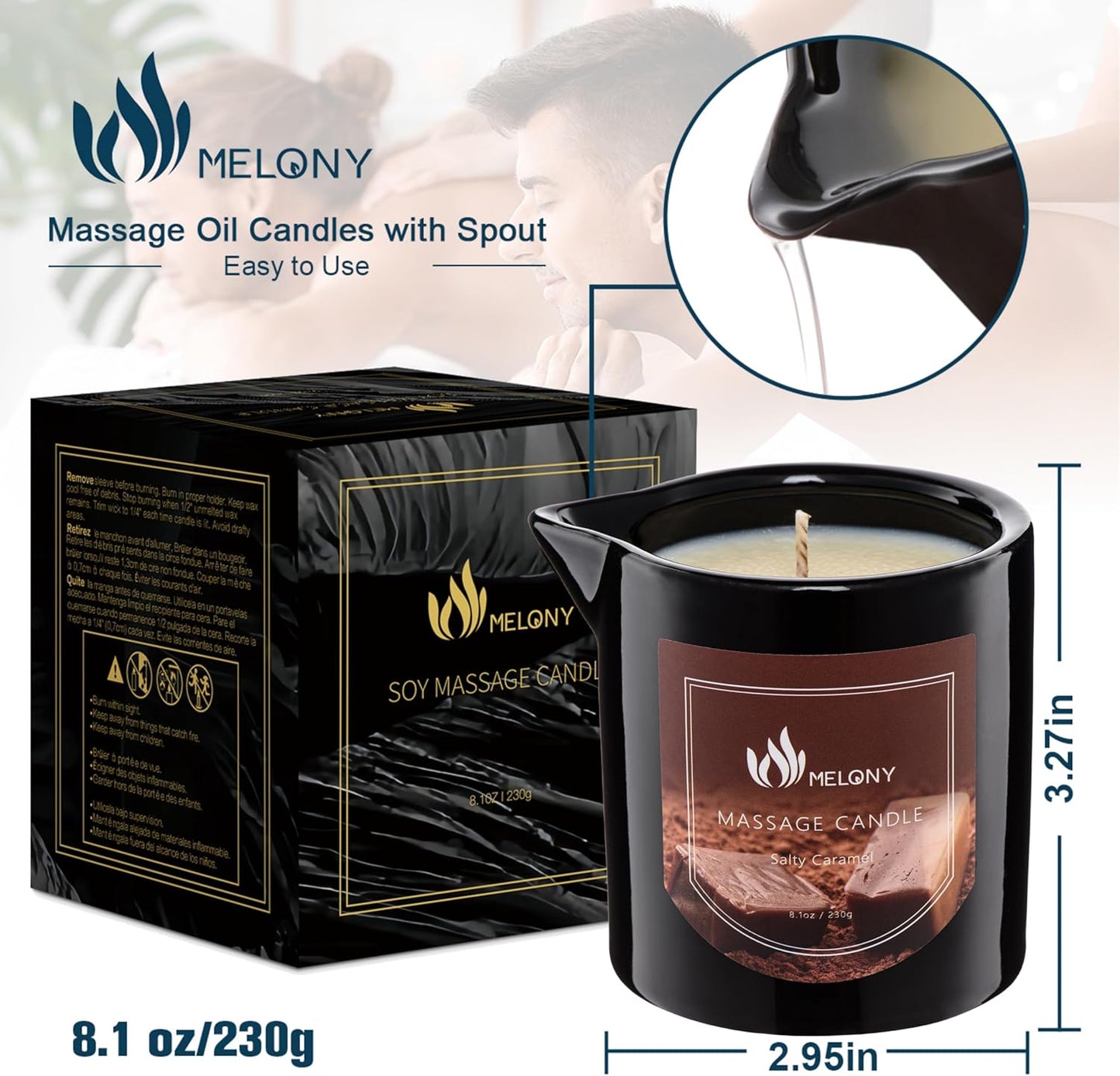 MELONY Massage Oil Candle | Great for Calming, Soothing and to Relax | with Natural Soy Wax | 8.1oz (Salty Caramel)