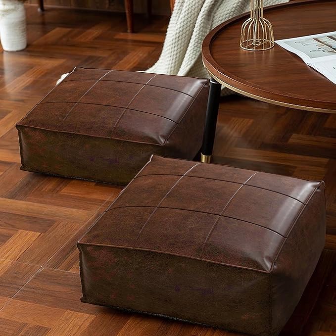 Vintage Leather Floor Cushion,Thick Square Floor Seating Ottoman, Waterproof Meditation Pillow for Adults, Portable Seat Cushion for Bedroom, Gaming, Office, Living Room (18x18x8 Inches) - Bloomnest