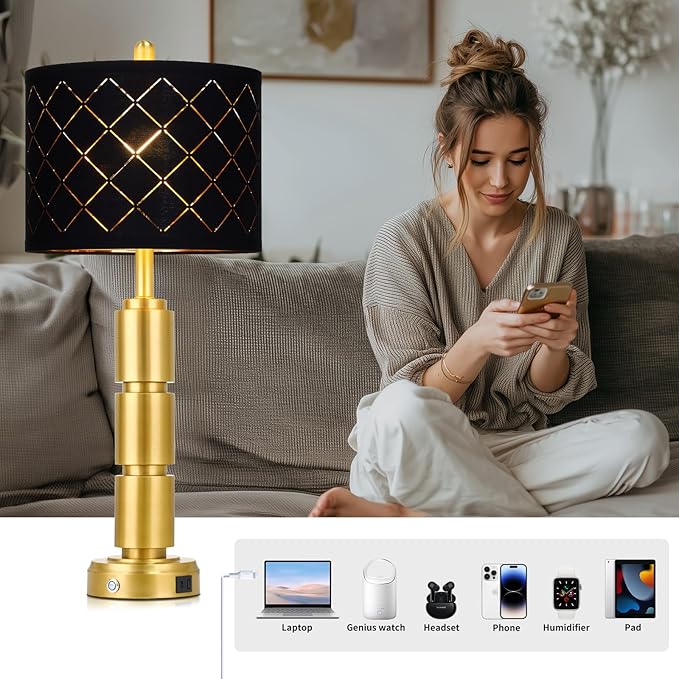 Set of 2 Modern Table Lamps for Living Room Bedroom,29" Tall Bedside Lamp with 2 USB Port,Gold Metal Touch Nightstand Lamp with Black Grid Shade for End Table Entryway,Gold - Bloomnest