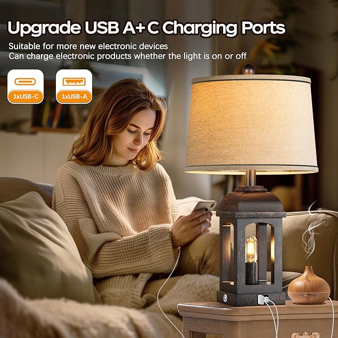 QiMH Table Lamp for Living Room, Farmhouse Lamps with USB A+C and Nightlight, 26" Rustic Bedside Lamps with 3-Way Dimmable Touch Control, Nightstand Lamp for Bedroom, Bronze, 1 Pack - Bloomnest