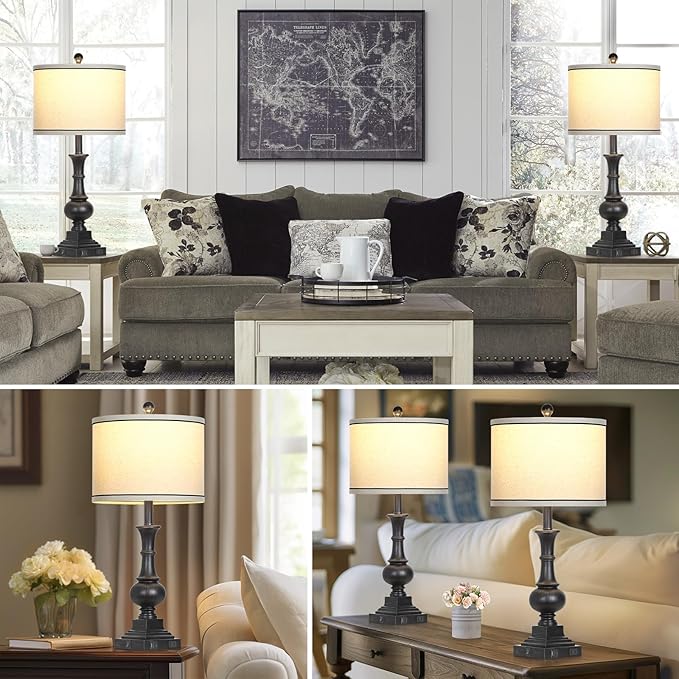 Farmhouse Lamps Set of 2, Antique Vintage Rustic Touch Control Table Lamps with USB A+C Ports & AC Outlet, Retro Classic Bedside Nightstand Lamp for Living Room Bedroom Office Black - Bloomnest