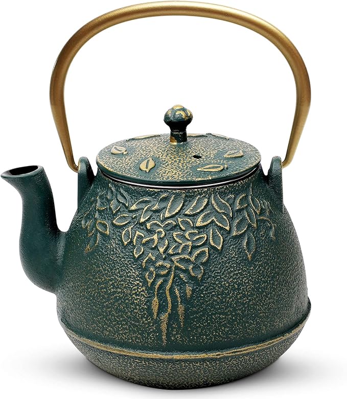 TOPTIER Japanese Cast Iron Tea Kettle with Infuser, Leaf Design Teapot Stovetop Safe Coated with Enameled Interior for 32 Ounce (950 ml), Dark Green - Bloomnest