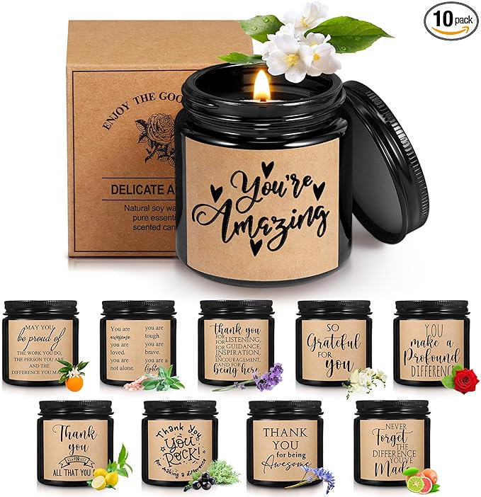 Roowest 10 Jars Thank You Gift Candles 3.5 oz Employee Appreciation Gifts Bulk Soy Wax Jar Inspirational Candle Thank You for Coworkers Employee Women Teacher Volunteers(Black,Classic Style) - Bloomnest