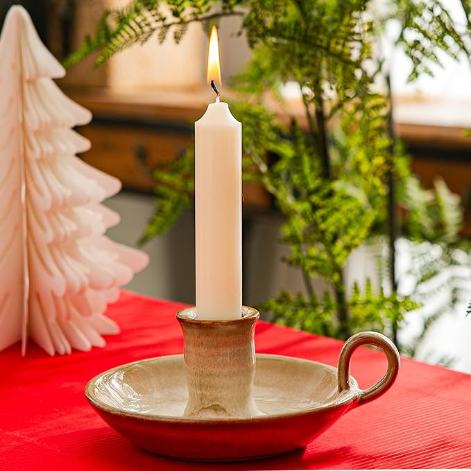 Candlestick Holder, Vintage Ceramic Candle Holder for Taper Candles, Spell Candles, and Incense, Farmhouse Candlelight Stand with Handle for Home, Dining Table, Halloween, Christmas Decor - Bloomnest