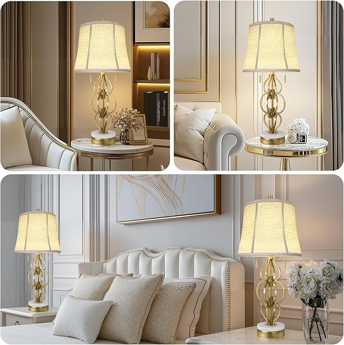 Scenekoy 27.75” Iron Art Table Lamp Set of 2 for Bedroom Living Room, Gold Leaf Night Stand Bedside Lamps with USB Ports, Pull Chains Modern Nightstand Lamp Line Shade for Home Decor (Bulbs Included) - Bloomnest