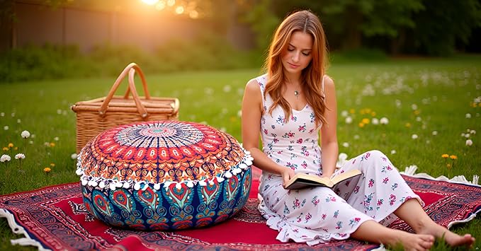 INDIAN CRAFT CASTLE ICC Mandala Barmeri Large Floor Pillow Cover Cushion Meditation Seating Ottoman Throw Cover Hippie Decorative Zipped Bohemian Pouf Ottoman Cases Multi Orange 16" Round - Bloomnest