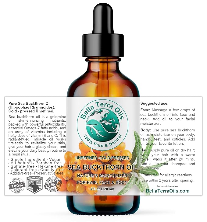Bella Terra Oils - Sea Buckthorn Oil 4 oz - Unlock the Gold Standard in Skincare, Infused with Omega-3, Omega-6 & Carotenoids, Elevate Your Cosmetic Routine - Bloomnest