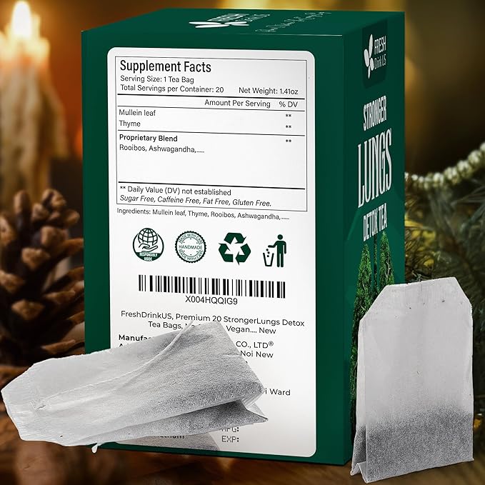 FreshDrinkUS StrongerLungs 20 Tea Bags - Mullein Leaf, Ginseng, Elderberry, Ginger & Thyme - Supports Lung Cleanse, Congestion Relief & Mucus Detox - Caffeine-Free & All-Natural - Bloomnest