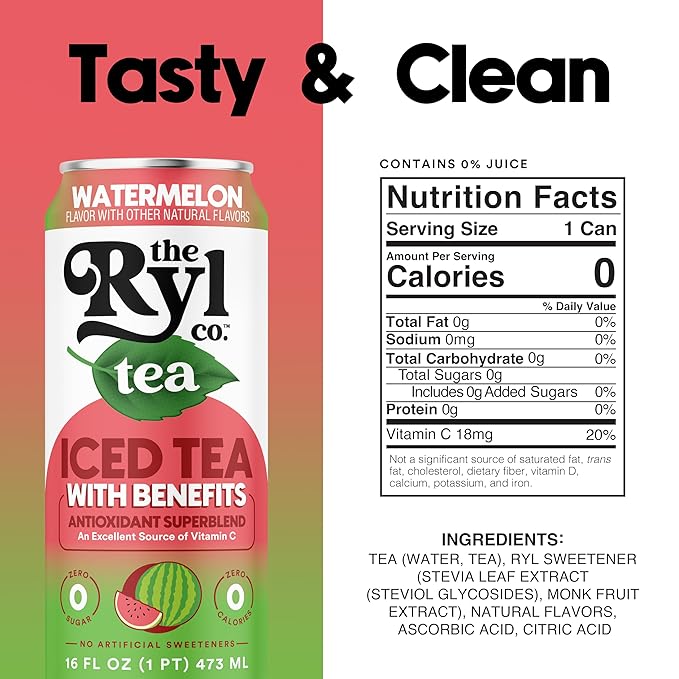 Ryl Iced Tea, Watermelon, Antioxidant Superblend, Zero Sugar, Low Carb, Zero Calorie Iced Tea, 16.0 Fl Oz (12-Pack) - Bloomnest