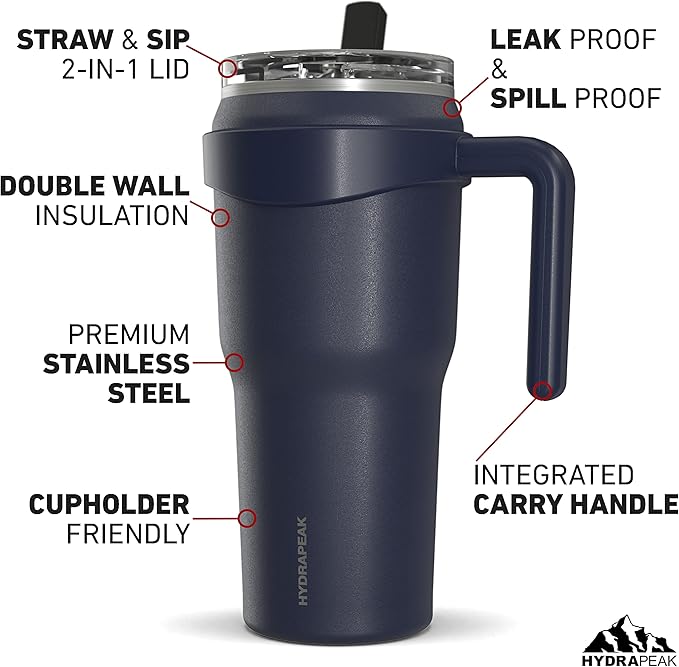 Hydrapeak Roadster 40oz Stainless Steel Tumbler Double Wall Vacuum Insulated Water Bottle With Handle And 2 in 1 Straw Lid (Navy) - Bloomnest