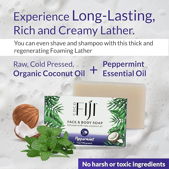 "Coco Fiji Soap Bar for Face and Body Infused With Organic Coconut Oil, Peppermint, Essential Oil, Natural Soap for Moisturizing & Pore Purifying Skin, 7 oz, Pack Of 3 " - Bloomnest