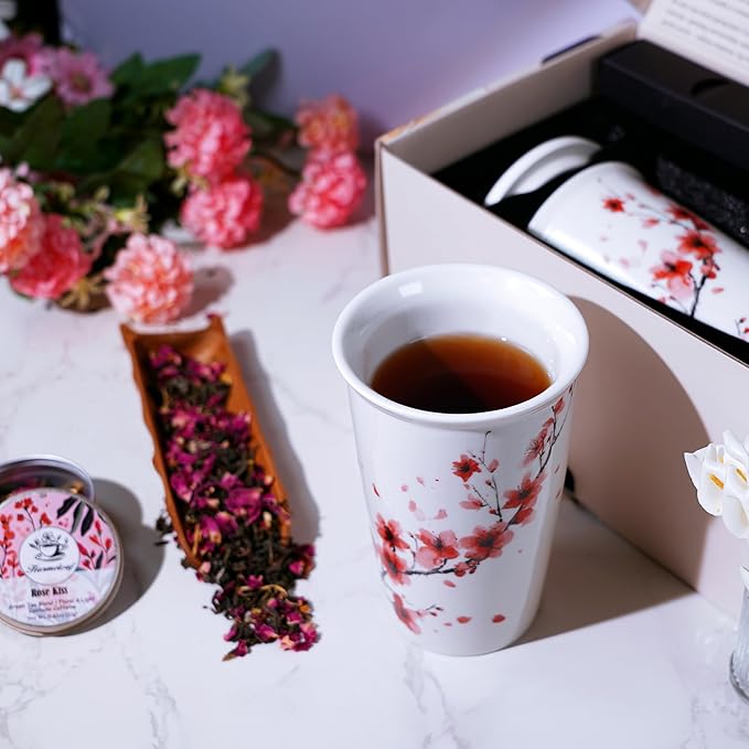 Harmoleaf Tea Gift Set for Women - 6 Herbal Loose Leaf Tea Blends, Insulated Ceramic Cup with Infuser & Lid | Birthday, Mother's Day, Anniversary & Retirement Gift for Her - Bloomnest