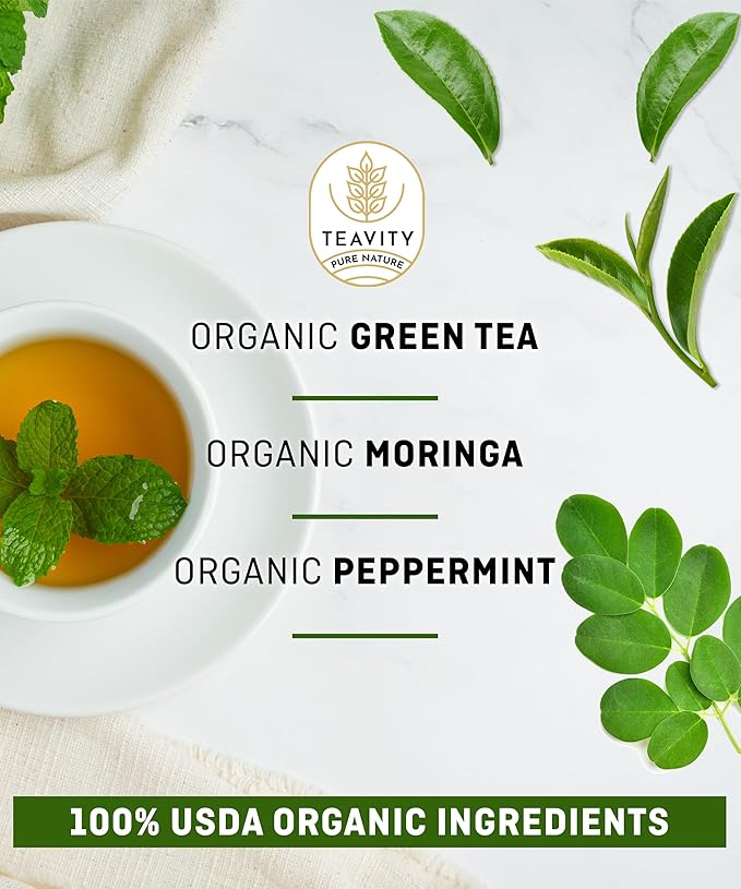 Organic Moringa Green Tea with Peppermint Tea Pods for Keurig - Naturally Caffeinated by Teavity (12 Tea Pods) - Bloomnest