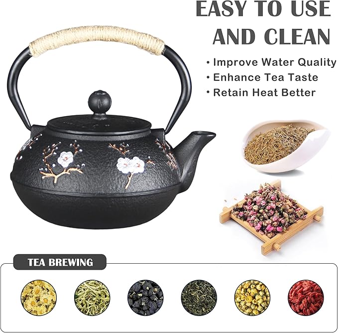 Cast Iron Teapot SECHUDO Teapot for Stovetop Safe Coated with Enameled Interior,Japanese Beautiful Tea Kettle with Stainless Steel Infuser for Loose Tea (30.4oz Plum Blossoms and Bird Pattern) - Bloomnest