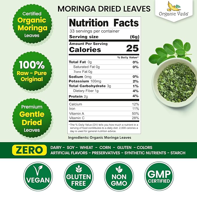 Organic Veda Moringa Tea Leaves - 100% Organic Dried Leaves - Moringa Oleifera Loose Leaf for Herbal Tea - Antioxidants Rich, Naturally Boosts Energy, Supports Digestion & Immune System - 7oz - Bloomnest