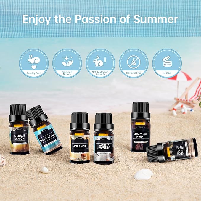 Summer Essential Oils Set | Top 6 Tropical Blends for Diffusers, Candle Scents, Aromatherapy Fragrance Oil - Coconut, Pineapple, Beach, Breeze, Lemon, Summer Night | Gift Set for Women, Home, Spa - Bloomnest