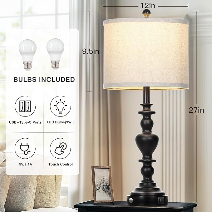 27" Farmhouse Vintage Lamps Set of 2 with USB C+A Charging Ports, Black Rustic Touch Control Table Lamp for Living Room, 3-Way Dimmable Traditional Nightstand Bedside Lamp Linen Washed for Bedroom - Bloomnest