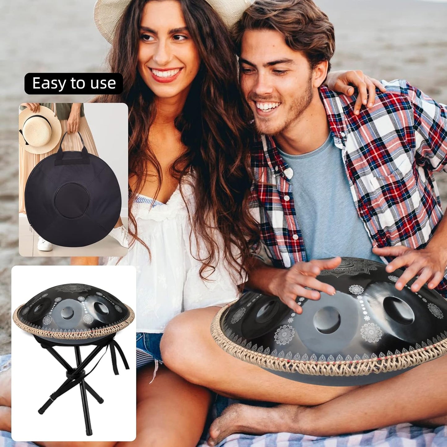 432HZ Handpan Set-Premium 22 Inches 9 Sounds D Minor Steel Hand Pan,Handpan Drum Instrument for Adults,Print Black