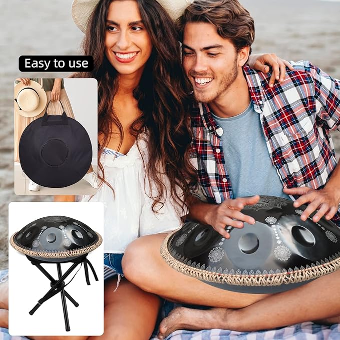 432HZ Handpan Set-Premium 22 Inches 9 Sounds D Minor Steel Hand Pan,Handpan Drum Instrument for Adults,Print Black - Bloomnest