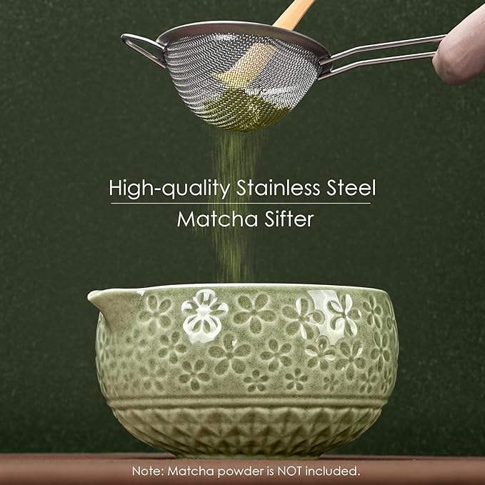 7Pcs Matcha Whisk Set, Ceramic Matcha Bowl with Spout, Bamboo Whisk and Holder,Bamboo Scoop,Scoop Rest,Sifter,Tea Towel, Matcha Kit with Cherry Blossom Carved Patterns for Matcha Lovers (Sakura Green) - Bloomnest