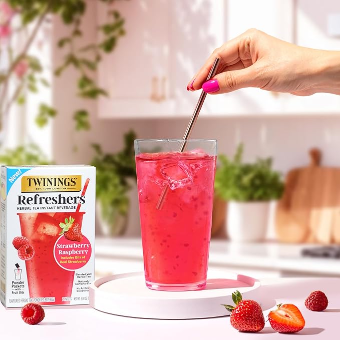 NEW Twinings Strawberry Raspberry Refreshers, Herbal Tea Instant Beverage, Real Strawberry Fruit Bits, 5 Count (Pack of 6), Café Style, No Artificial Sweeteners, Naturally Caffeine-Free, 30 Packets - Bloomnest