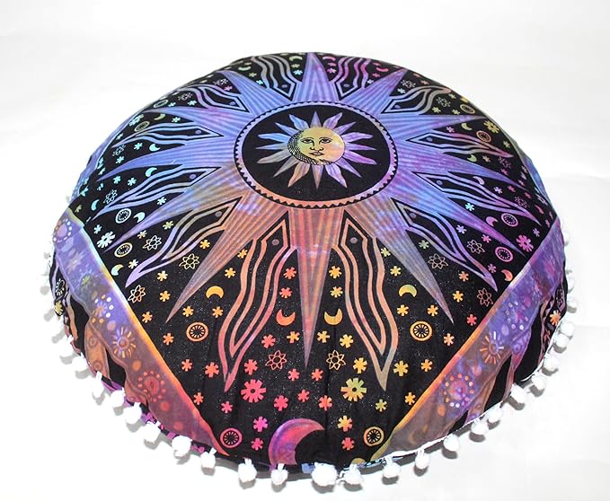 CRAFT KALA 22" Bohemian Floor Pillow Pouf Cover Mandala Boho Large Round Meditation Room Pillow Covers for Adults Seating Poufs Cushion Cover for Kids Playroom Multi Purple Burning Sun - Bloomnest