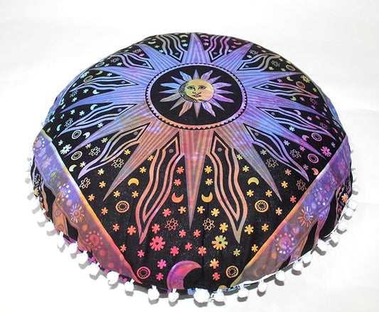 CRAFT KALA 22" Bohemian Floor Pillow Pouf Cover Mandala Boho Large Round Meditation Room Pillow Covers for Adults Seating Poufs Cushion Cover for Kids Playroom Multi Purple Burning Sun - Bloomnest