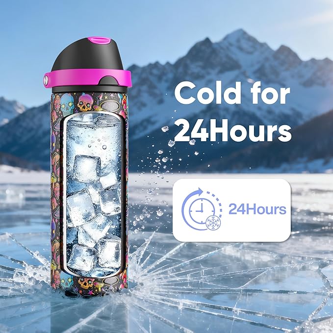 Insulated Water Bottle with Straw - Encool Stainless Steel Water Bottle with Push Button Lid, Leak-Proof & BPA-Free, Keeps Cold for 24 Hours for Sports, Travel, Gym (24 oz, Trippy Skulls) ENCOOL